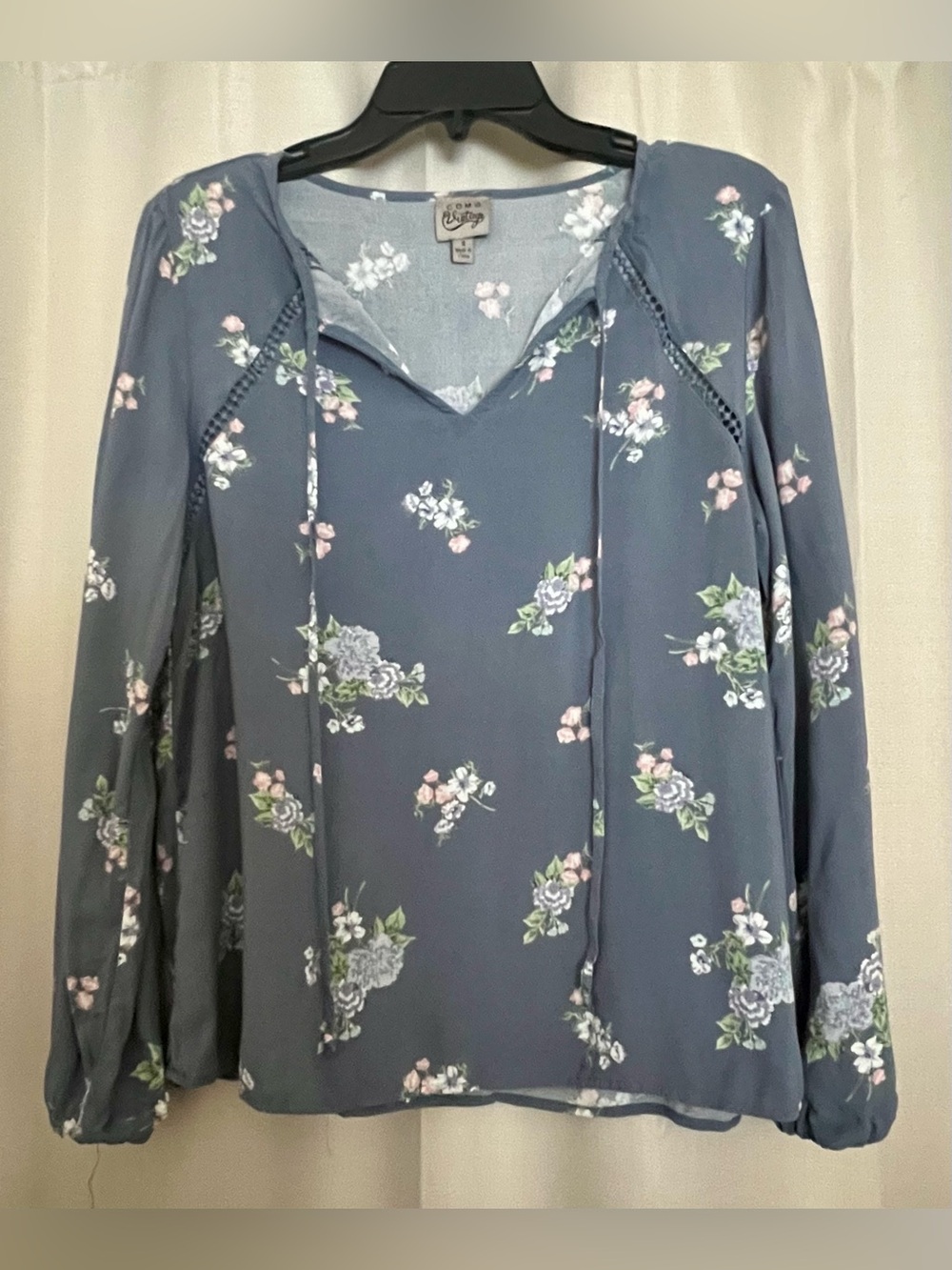 Como Vintage Women’s Small Blue Floral Boho Peasant Blouse Long Sleeve